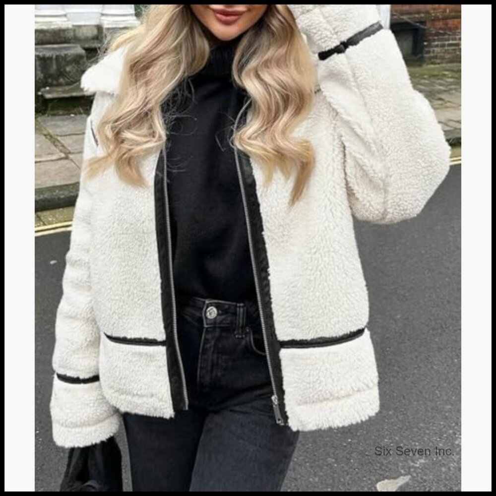 Faux Fur Jacket with Leather Patchwork Zip Up Coat - image 2